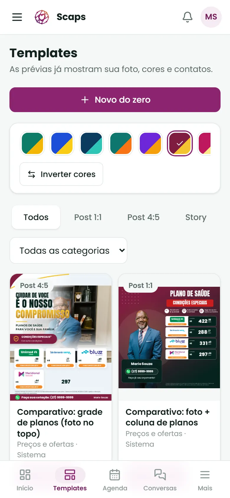 Templates no celular, com as artes prontas.