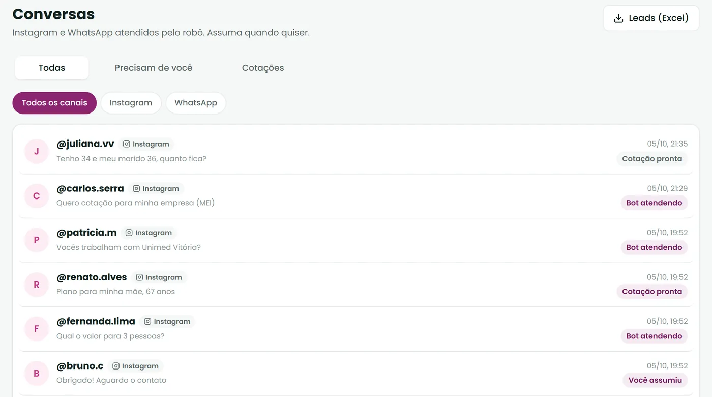 Tela de conversas: os contatos do Instagram e do WhatsApp numa lista só, com a última mensagem e a situação de cada um, como bot atendendo, cotação pronta ou você assumiu.