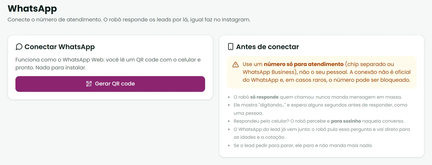 Tela de conexão do WhatsApp: gerar QR code, com o aviso para usar um número só de atendimento e a lista do que o robô faz e não faz.